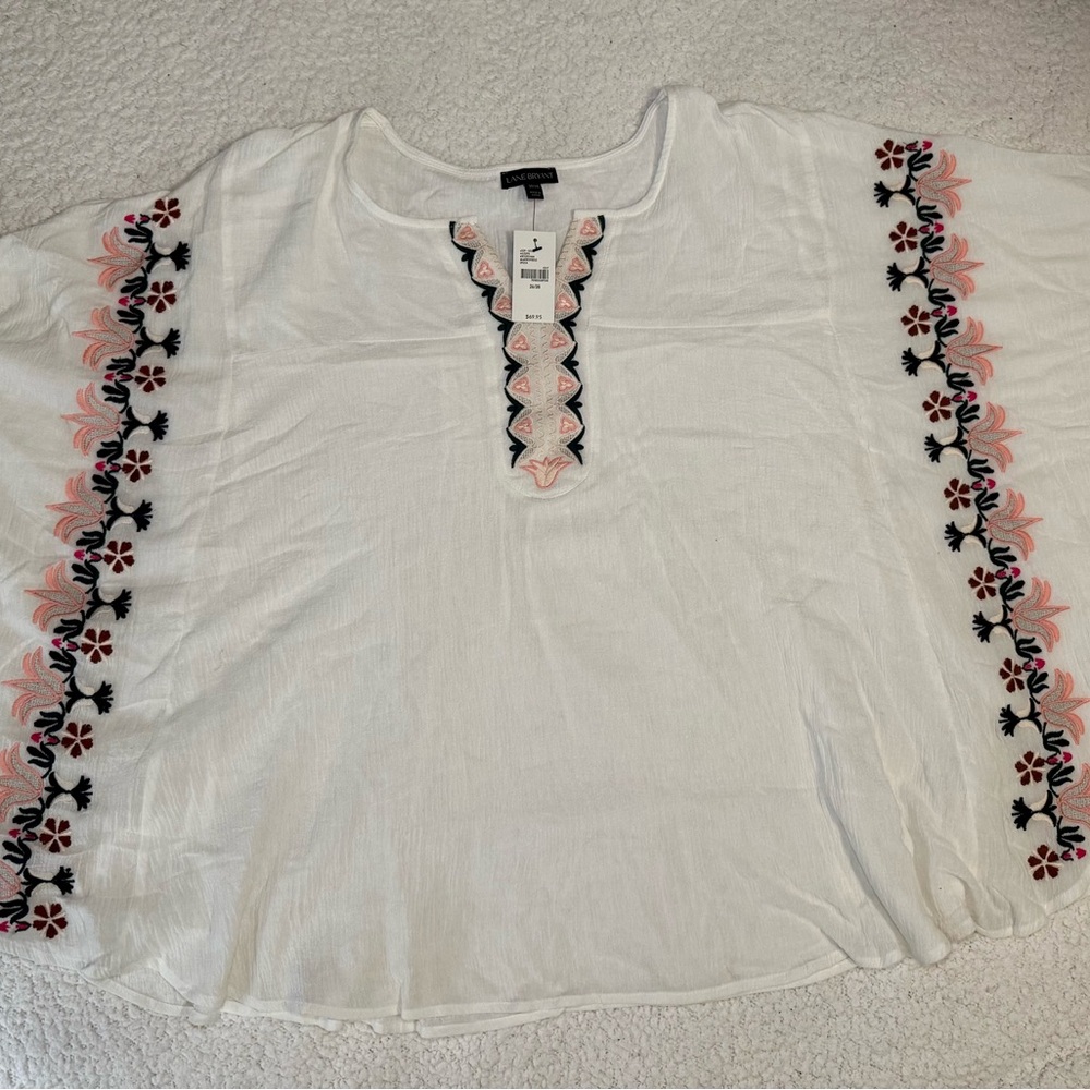 Lane Bryant White Blouse with Pink and Black Embroidery